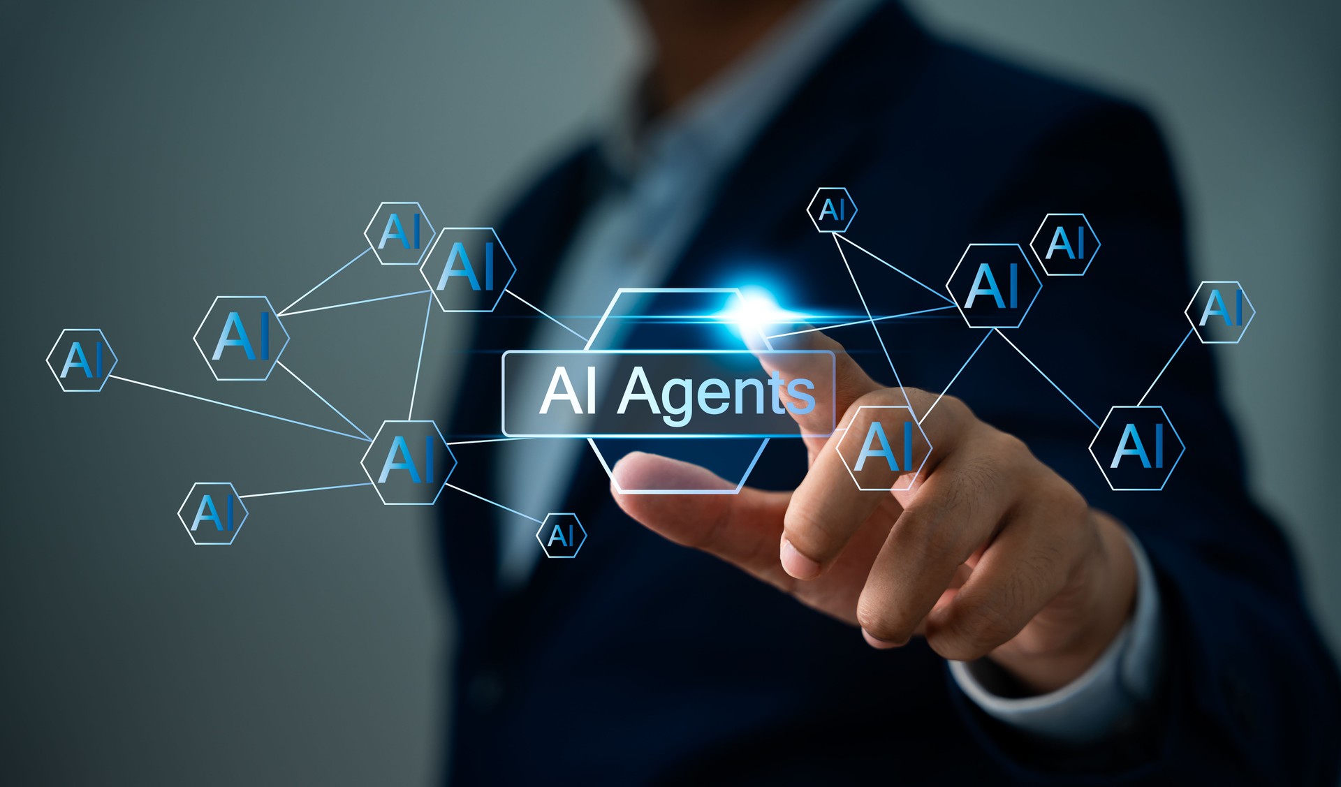 Multi agent AI systems, Businessman holding AI agents, AI driven solutions streamline workflows, Decision, Automate daily Tasks Smart AI solutions improve efficiency, Automate repetitive work.